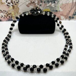 Double Strand Jet and Clear Glass Vintage Necklace